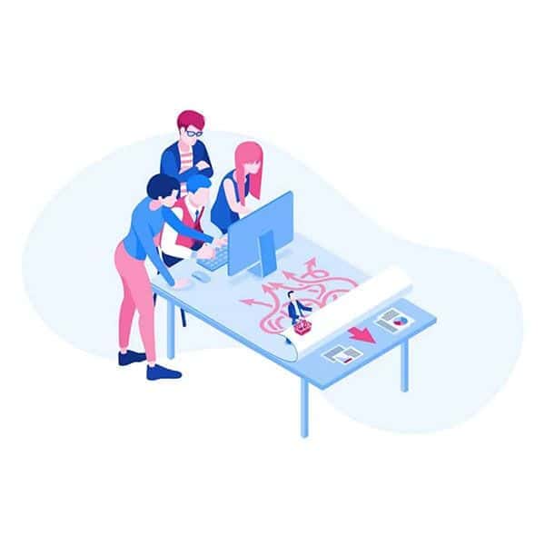 Illustration of 4 people looking at a laptop