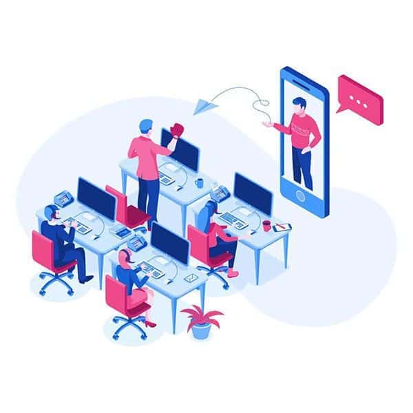 Illustration of people with headsets working on computers